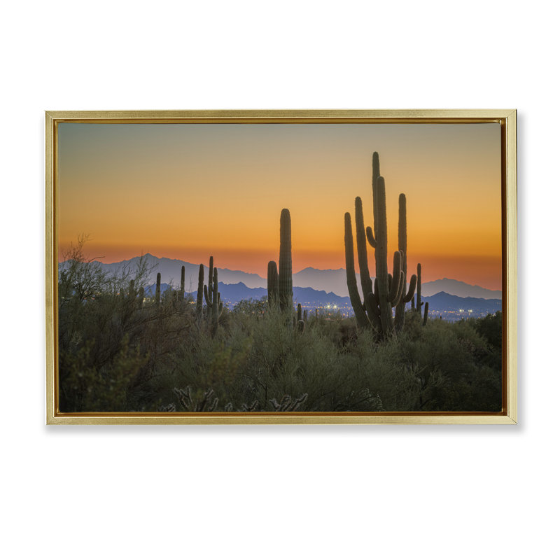 «Cacti Looming Sunset Floater» par Marty Hulsebos, Cadre flottant métallique doré, H 17 po x l 25 po