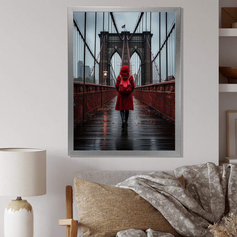 «Hodon Red Gray New York Brooklyn Bridge II», reproduction sur toile, H 40 po x l 30 po x P 1,5 po, Cadre photo argenté