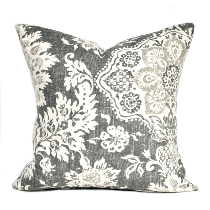 Housse de coussin 100% coton , 19,5 po x 19,5 po, Gris anthracite, Floral