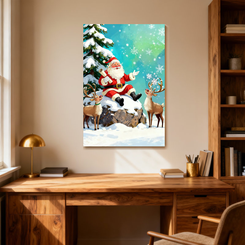 Noël père Noël avec renne dans un paysage enneigé, H 18 po x l 12 po