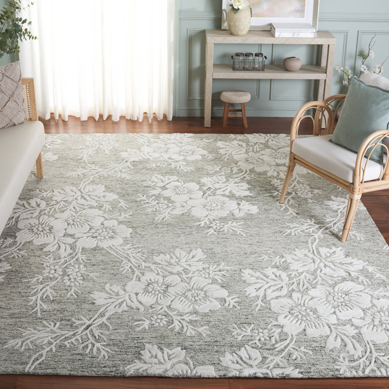 Tapis floral vert / ivoire en laine / coton / viscose touffeté à la main Glamour 151, Rectangle 8 pi x 10 pi