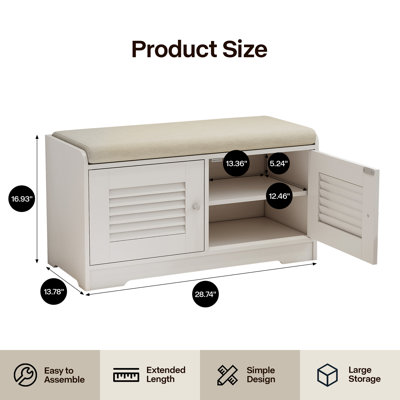 Banc de rangement à chaussures 28,74 "avec armoire à 2 portes, banc d'entrée avec rangement à chaussures blanc, banc à chaussures avec coussin, tablettes réglables, banc à chaussures pour vestibule, couloir