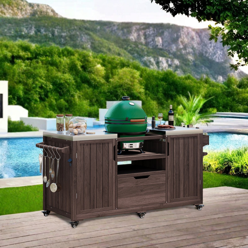 Outdoor Grill Cart With Fir Wood Construction, Adjustable Middle Shelf, Ample Storage & Mobility, Spice Rack, Paper Towel Holder, And S-Hooks
