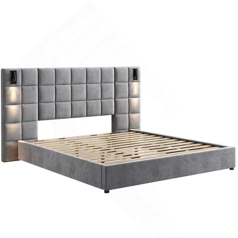 bed,with reading lamp and USB port, wide headboard,without bedside tables and mattress, King