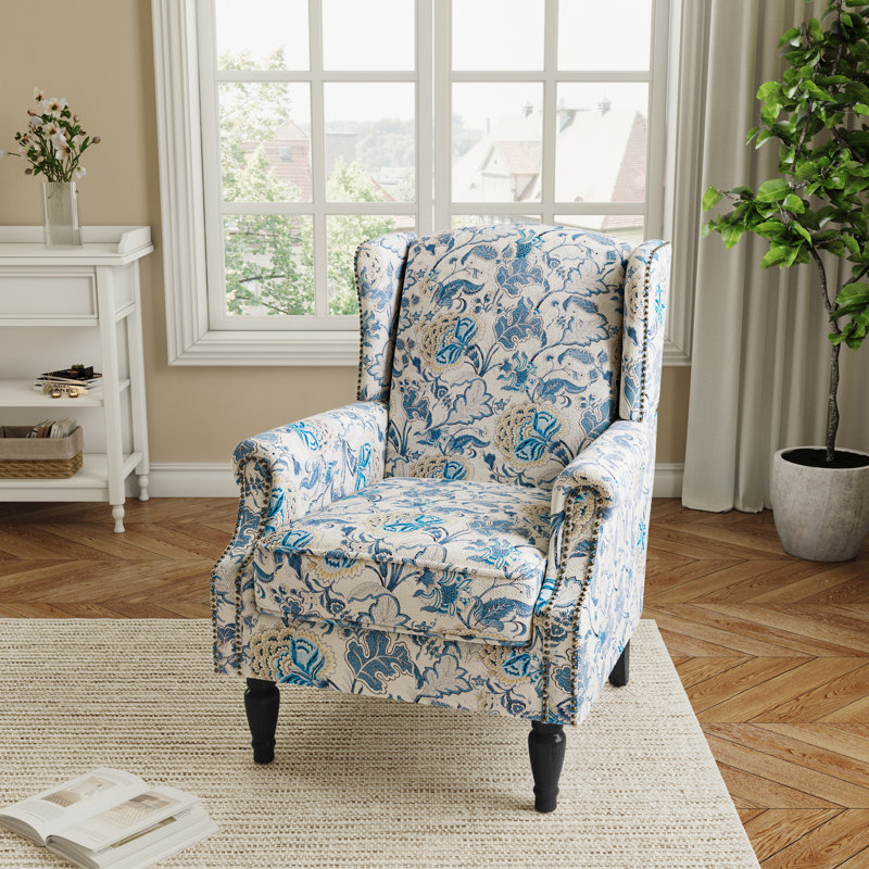 Upholstered Armchair, Boho Blue Polyester/Walnut