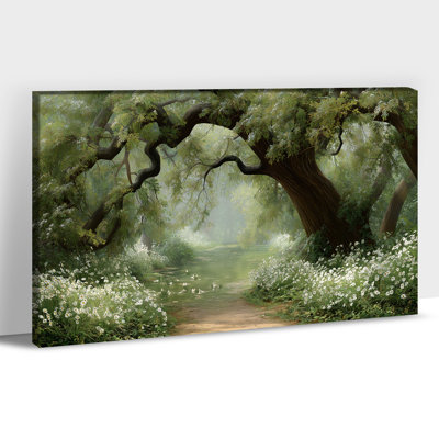 Landscape Canvas Wall Art - Tranquil Nature Pictures Wall Decor, Forest Wall Art with Lush Greenery and Blooming Flowers for Living Room or Office, Gallery-Wrapped Pine Frame, 12×18 inches