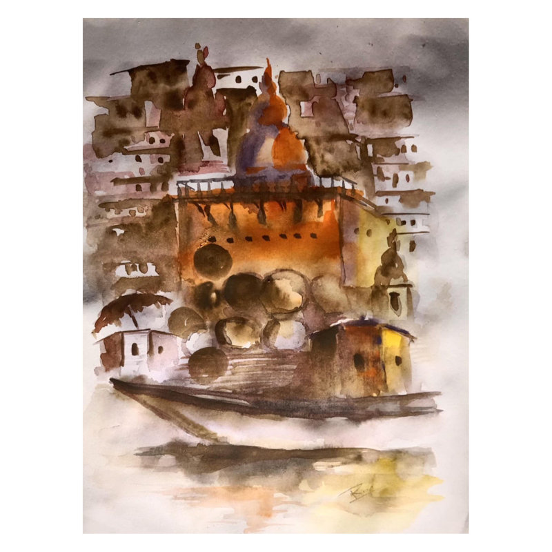 Un ghat religieuse | Aquarelle sur papier | Par Raj Kumar Singh