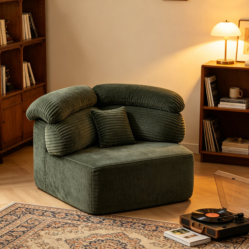 Fauteuil lounge modulaire une place en velours côtelé vert, canapé pentagonal moderne au design enveloppant avec coussins, fauteuil d'appoint confortable en mousse et ressorts pour salon ou chambre à coucher