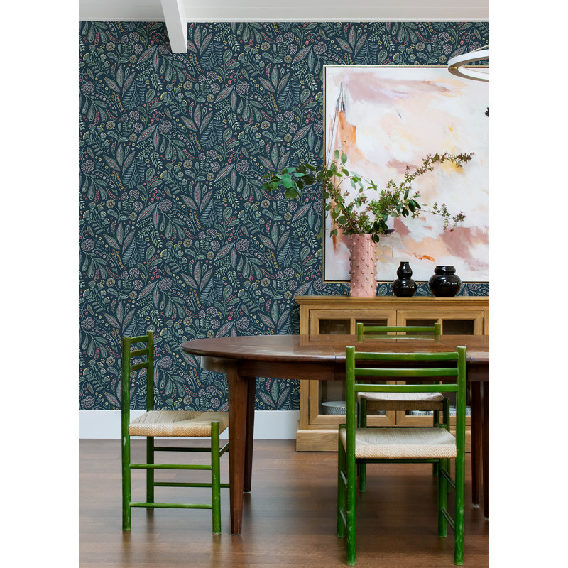 Briar Navy Floral Wallpaper, Teal