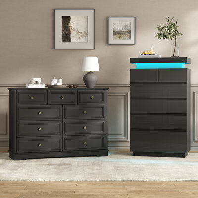 2-Piece Modern Bedroom Storage Set with LED 6-Drawer Tall Chest