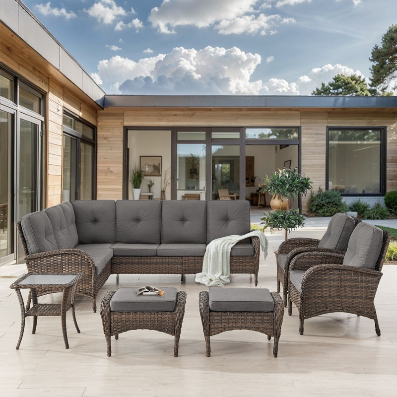  Valierius L-Shaped Outdoor Sectional Sofa Set With Patio Chairs, Ottomans & Side Table, Gray