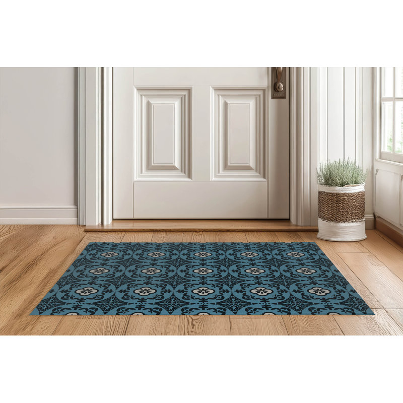 Tapis de porte décoratif ultra-mince Sully, Bleu, L 60 po x L 84 po