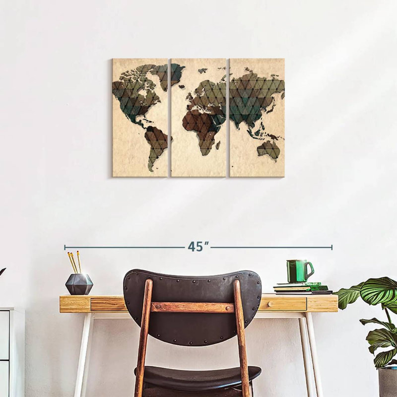 Carte du monde unique sur 3 pièces, H 20 po x l 33 po x P 1,25 po