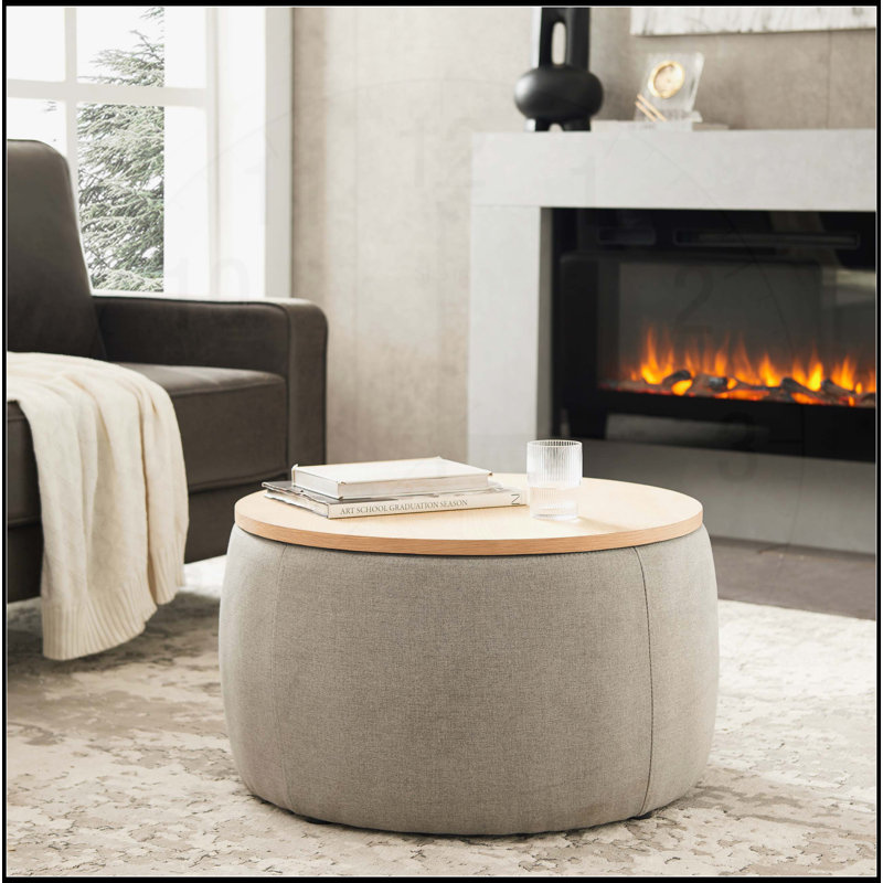 Repose-pieds rond avec rangement 2 en 1, idéal comme table de bout et siège, peu encombrant et multifonctionnel, Gris clair