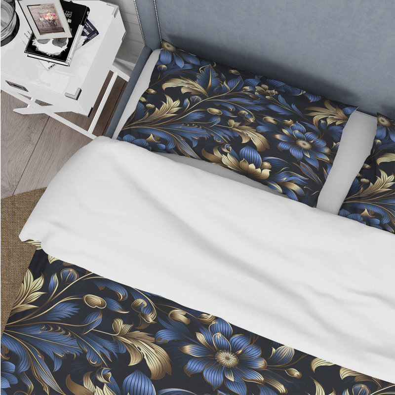 Literie Gold And Blue Luxury Damask Serenade II, Housse de couette pour très grand lit et 2 très
