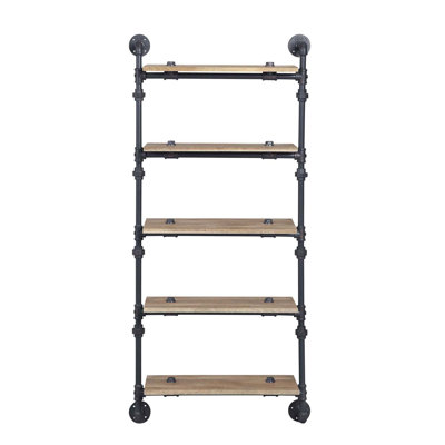 Étagère murale à 5 niveaux de style tuyau d'eau, montée en chêne et noir sableux, pour le bureau de décoration de rangement à la maison, tablettes de L 23 po x l 9 po, tablette de hauteur 59 po avec tube en métal, couleur noire, design, rangement de bureau, haute