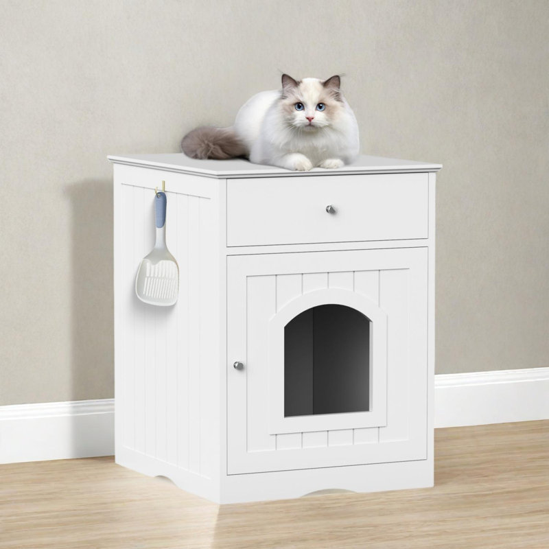 Wooden Pet House Cat Litter Box Enclosure with Drawer, White