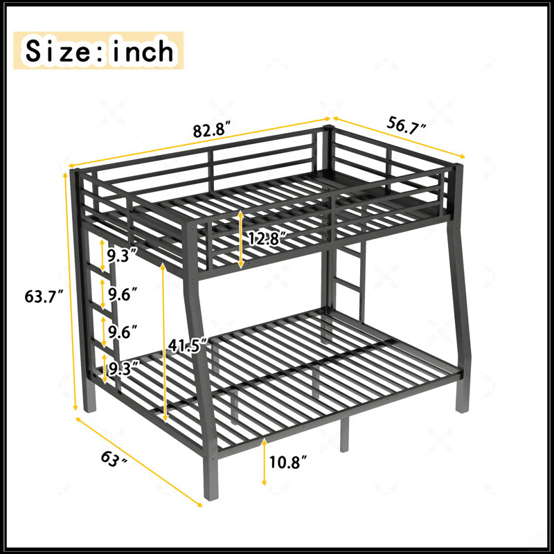 Metal Full XL Over Queen Bunk Bed For Teens And Adults, Space-Saving Design With Noise Reduction And No Box Spring Needed, Black