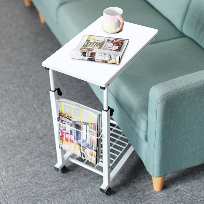 Industrial Adjustable Overbed Desk with Wire Basket, White/White