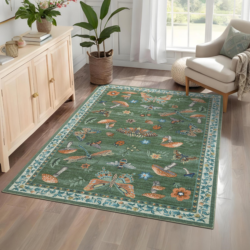Floral Machine Washable Rug with Non-Slip Backing, Soft Thin Low Pile Non Shedding Floor Carpet, Indoor Foldable Printed Accent Mat for Living Room/Nursery/Bedroom