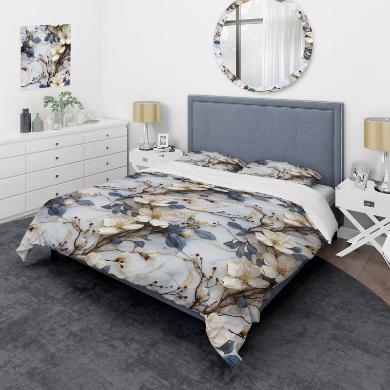 Ensemble de housse de couette à motif marbré blanc et bleu Magnolias, Housse de couette pour très grand lit et 2 très