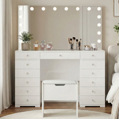 Modern Makeup Vanity with Glass Top, Hollywood Lighted Mirror & 13 Drawers, White Vanity Desk with Stool