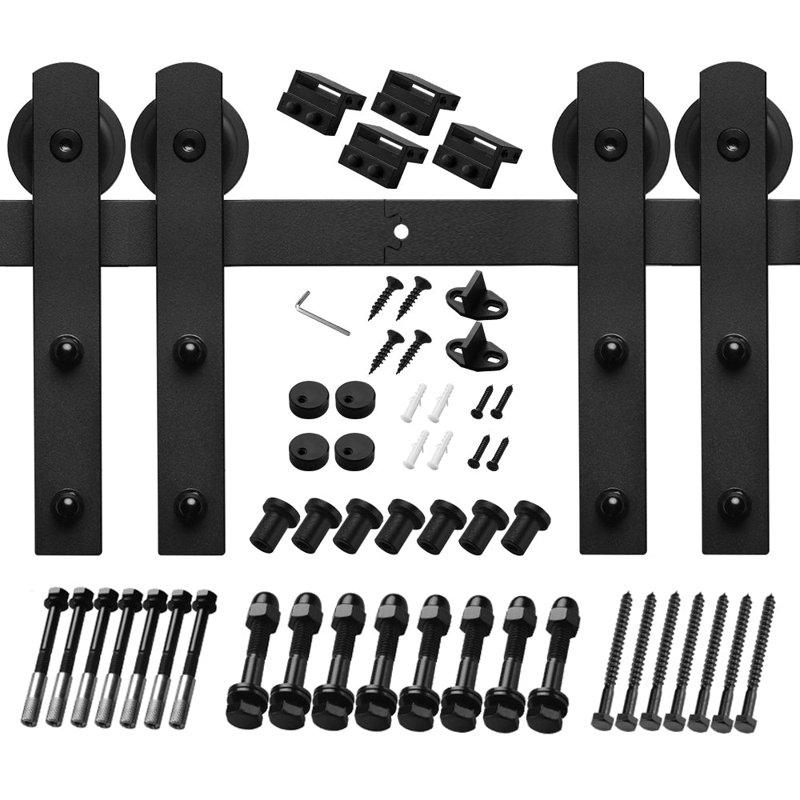 Ensemble de rail droit en acier noir de 3 m (10 pi) et 3 m (120 po) pour portes doubles avec guide au sol