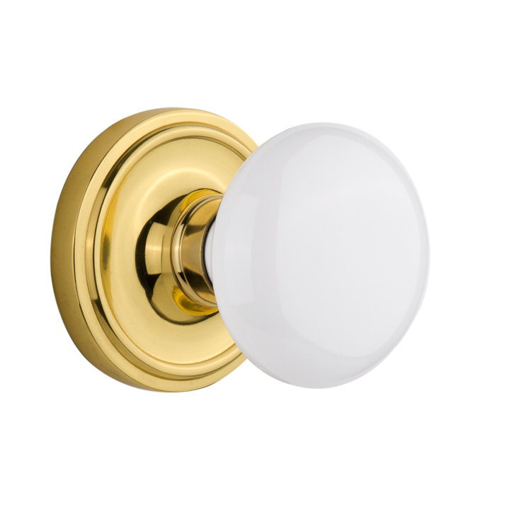 Rosette classique avec bouton de porte en porcelaine blanche, Laiton non laqué, 2-3/8 po