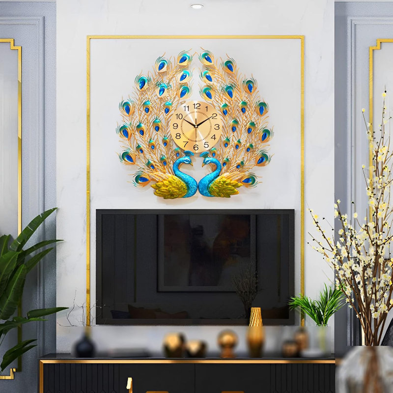Horloge murale de luxe paon avec cadran numérique en métal - Horloge murale décorative en résine fabriquée à la main pour le salon, mouvement silencieux sans tic-tac, décoration intérieure élégante