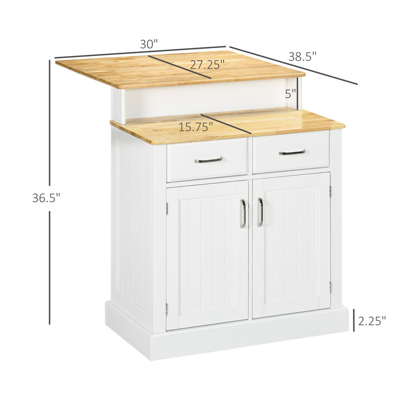 White and Light Brown Rubber Wood Kitchen Island with Storage Cabinet