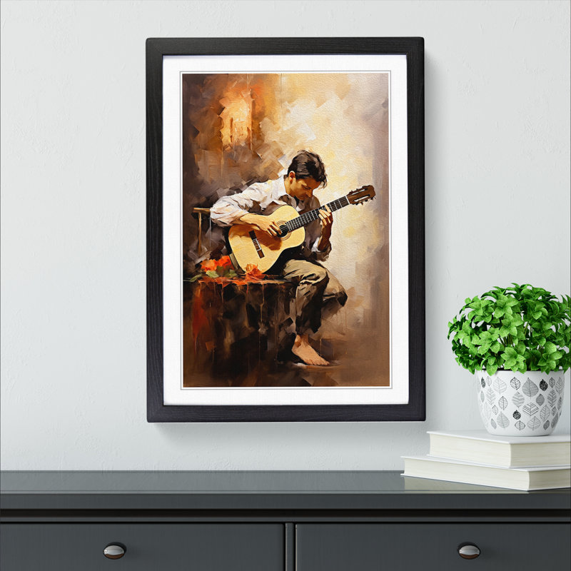 XYZ-FRM-V1223-1755 Acoustic Guitar Impressionism No.2 - Single Picture Frame Print on Wood, 46cm H x 34cm W x 2cm D, Black 