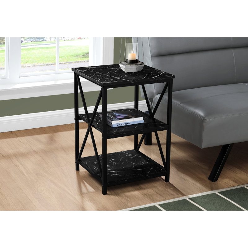 Table d'appoint en marbre noir avec structure en métal et tablettes de rangement