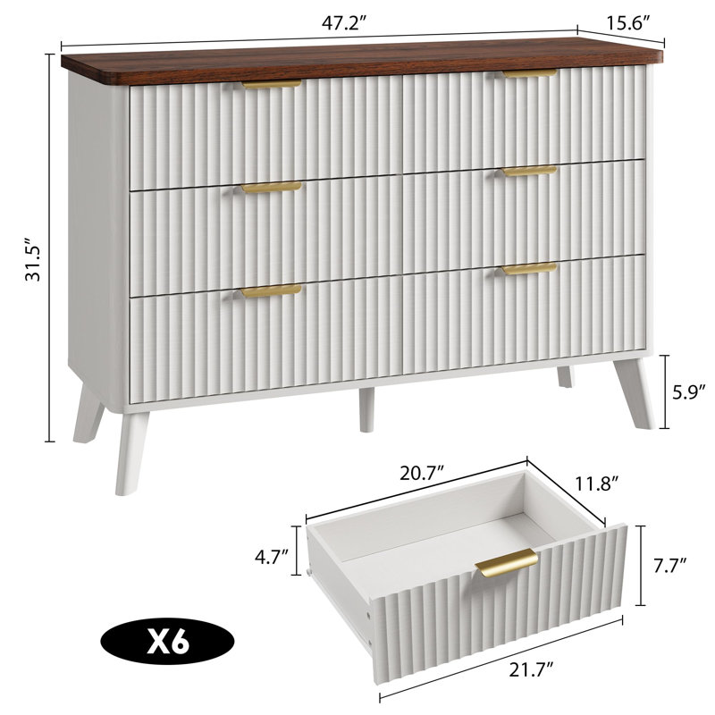 Fluted Dresser for Bedroom with 6 Deep Drawers, 47.2 in Tall Chest with Faux Marble Top & Curved Profile, Modern Wooden Dresser for Living Room, Kids Room, Hallway (White)