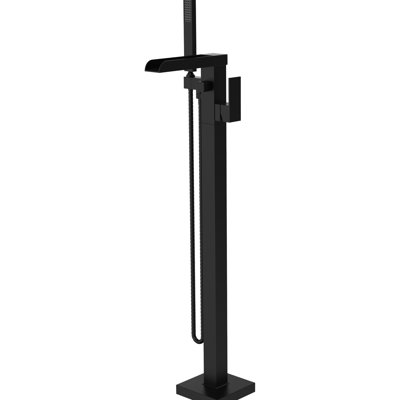 Robinet de baignoire autoportant élégant et élégant en noir, conception cascade, fixation au sol, laiton avec douche à main manœuvrable pour le plaisir Commande de salle de bain et robinet de baignoire noir, luxe