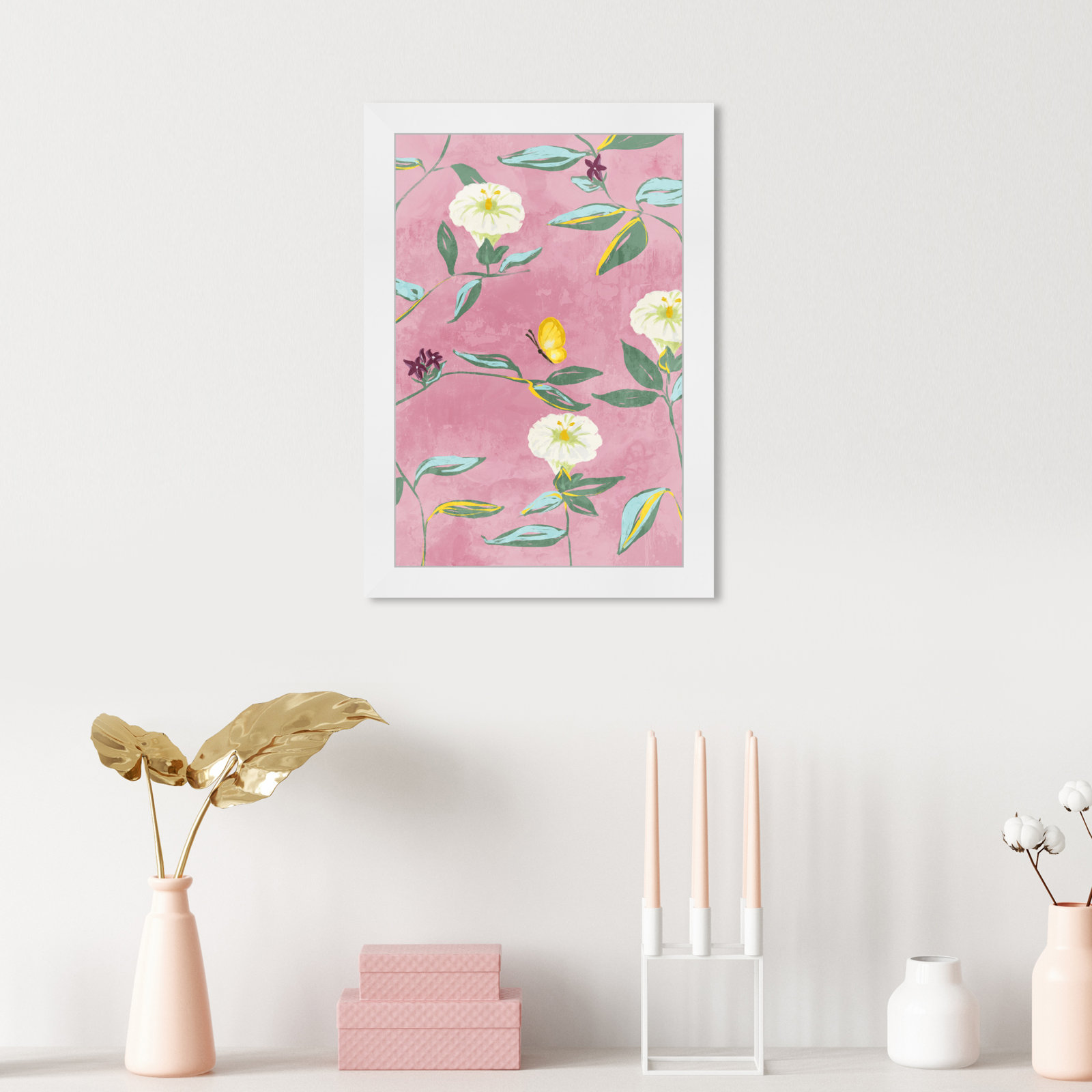 Floral Spring Tapestry Pattern Print, 17" H x 12" W, White