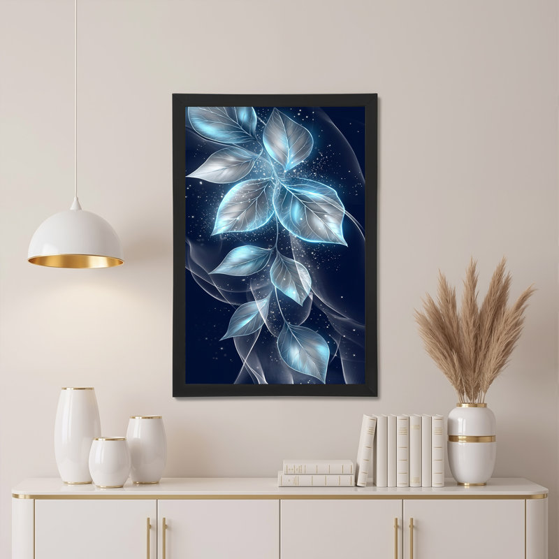 Art sur toile, feuilles bleues translucides avec veines argentées et étoiles, 30"H x 20"W