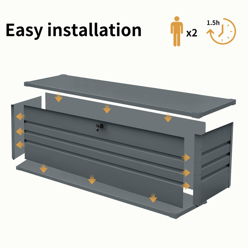 Boîte de terrasse en métal pour le patio de 260 gallons - imperméable et verrouillable. Rangez les coussins, les accessoires de piscine et les outils de jardinage. Gris foncé Dans les climats rudes. Point d'accès utilisateur. Fonction de table polyvalente. Gallon facile à assembler