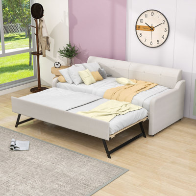 Twin Upholstered Daybed with Pull-Out Twin Trundle and USB Charging Armrest