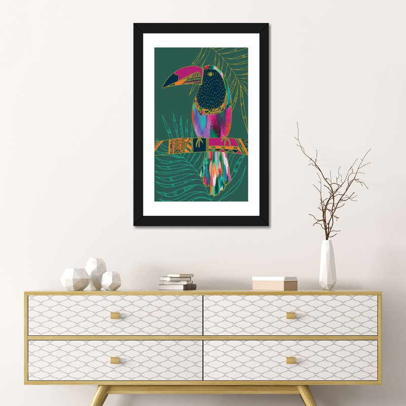 Impression d’art graphique, "Toucan" par EttaVee, Papier encadré noir, Blanc, H 24 po x l 16 po x P 1 po