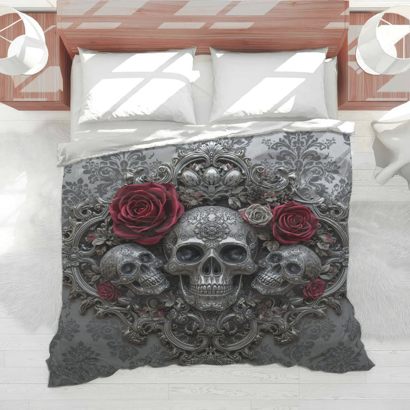 Édredon orné de crânes avec roses, Simple extra long