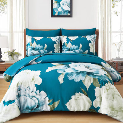 7-Piece Large-Scale Floral Comforter Set Vintage Botanical Print Duvet Cover Set Bed in a bag