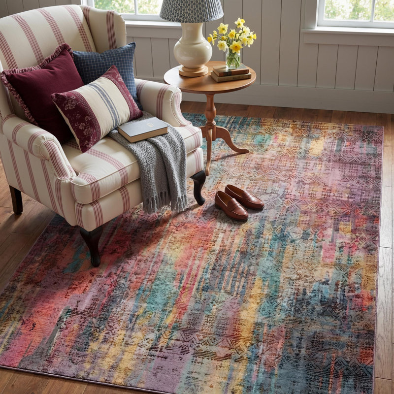 Tapis d'intérieur lavable à motif ombré antidérapant antidérapant, Brick Red/Violet, Rectangle 9 pi x 12 pi