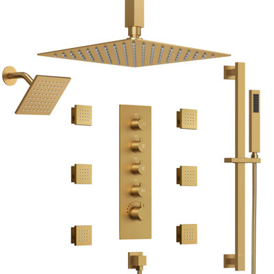 Ceiling Mount 16" Dual Rainfall Thermostatic Shower System with 6 Body Jets and Handheld Spray