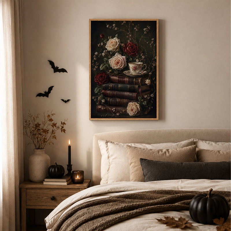 Pile de livres en cuir avec roses rouges et crème, art mural d'Halloween, H 48 po x l 36 po