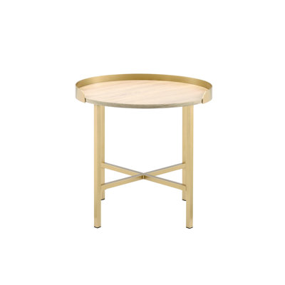 Élégante console en métal et en chêne avec une finition dorée éblouissante