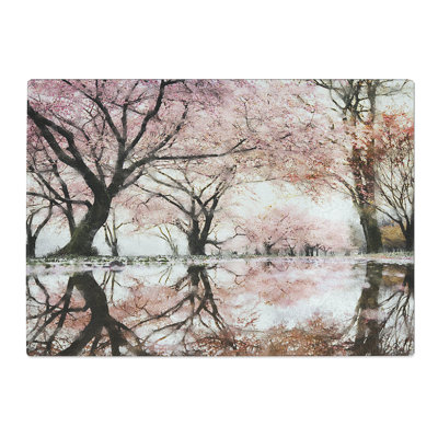 Tempered Glass Reflection of the Pink Blossom Trees Chopping Board