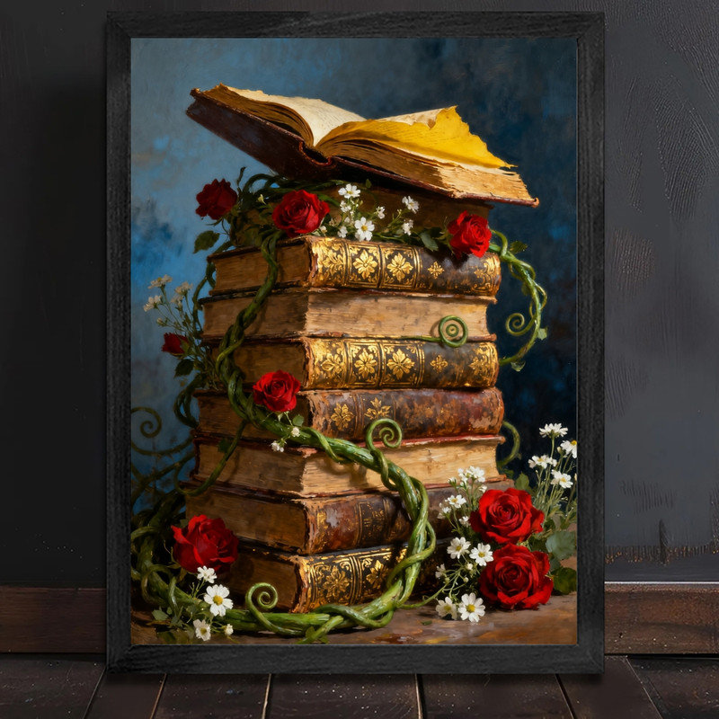 Art mural encadré noir et livre rétro, impression gothique classique de nature morte, H 37 po x l 25 po