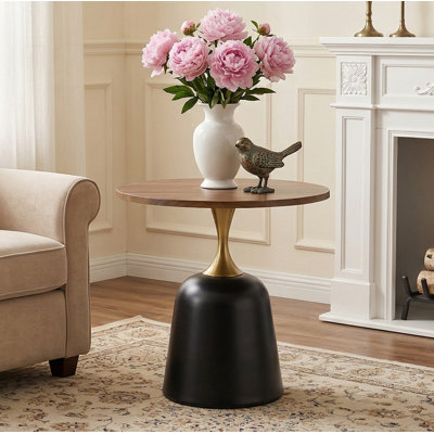 23.6 Inch Round Side Table, Modern Walnut Wood Grain End Table with Sturdy Metal Base, Multipurpose Circular Accent Table for Living Room Sofa, Bedroom Headboard, Office and Negotiation Use
