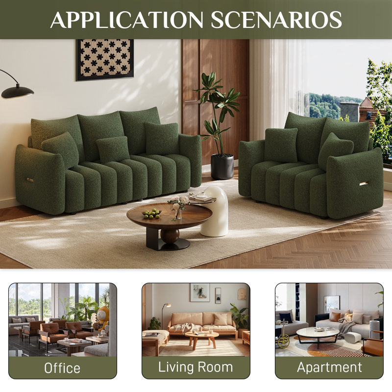 Two Piece Modern Teddy Fleece Upholstered Cloud Sofa Set, Green