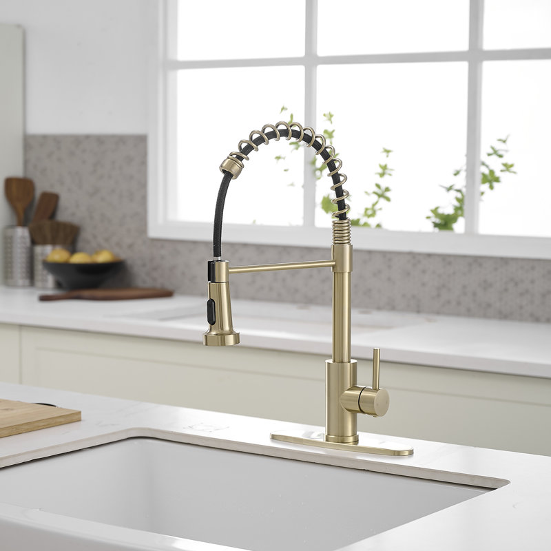 Single-Handle Pull-Down Sprayer High Arc Kitchen Faucet With Deck Plate, Brushed Gold